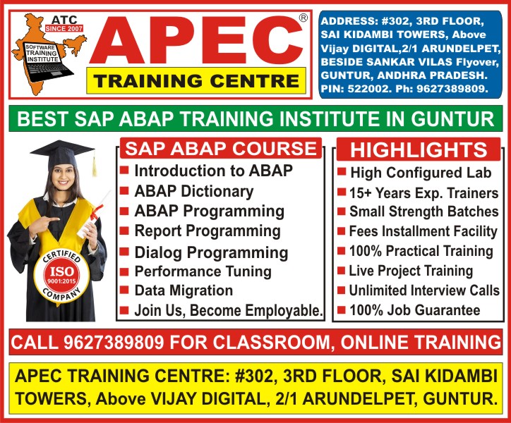 SAP ABAP Training in Guntur, SAP ABAP Course in Guntur, Best SAP ABAP Institutes in Guntur, SAP ABAP Training Institutes in Guntur - Apec Training Centre SAP ABAP Training in Guntur, SAP ABAP Course in Guntur, Best SAP ABAP Institutes in Guntur, SAP ABAP Training Institutes in Guntur - Apec Training Centre