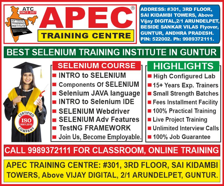 Selenium Training in Guntur, Selenium Course in Guntur, Best Selenium Institutes in Guntur, Selenium Training Institutes in Guntur India - Apec Training Centre Selenium Training in Guntur, Selenium Course in Guntur, Best Selenium Institutes in Guntur, Selenium Training Institutes in Guntur India - Apec Training Centre
